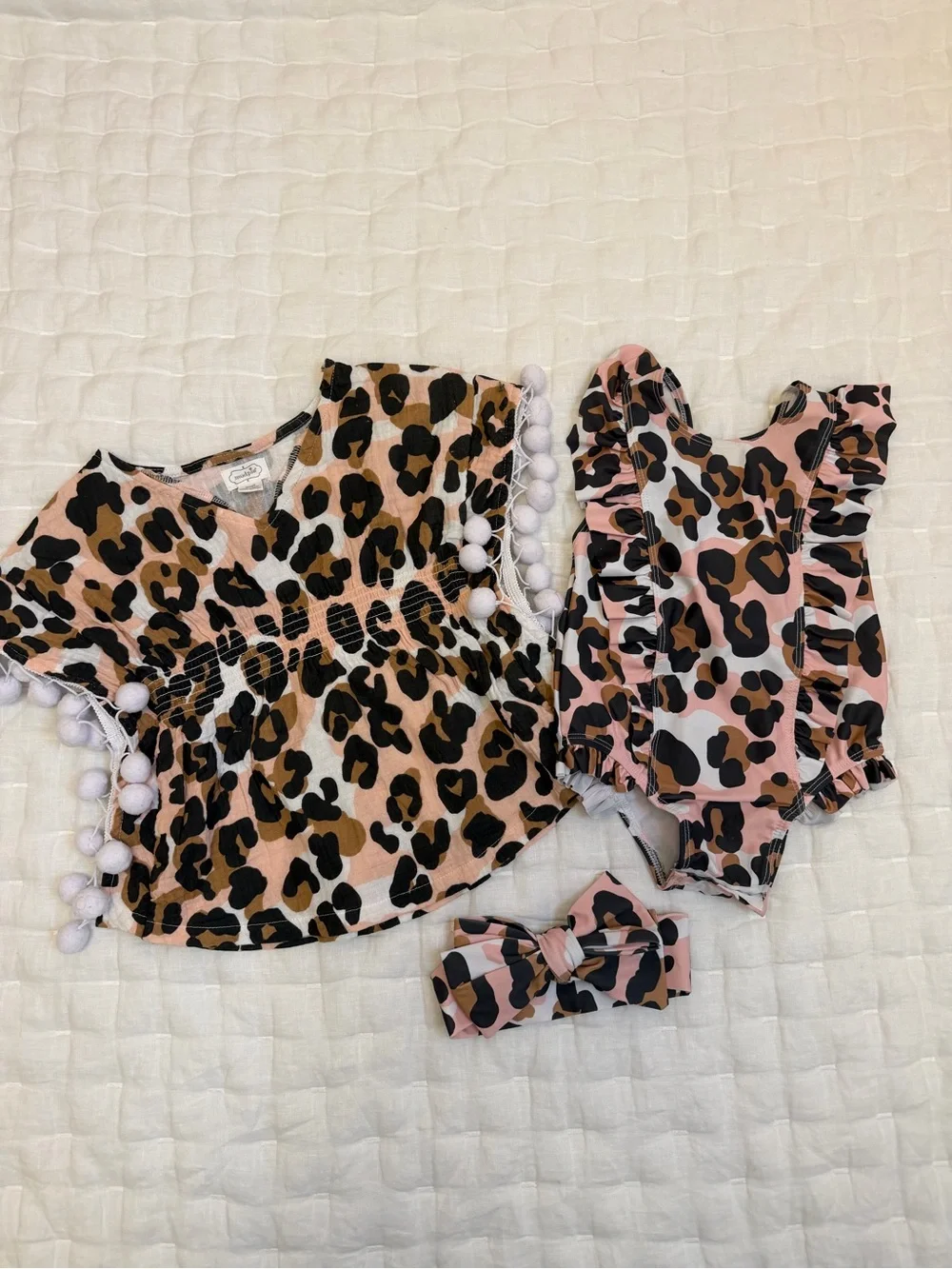 Mud Pie Pink and Brown Leopard Ruffle Swimsuit Set with Pom Pom Top